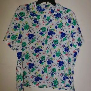 White floral short sleeve button down shirt